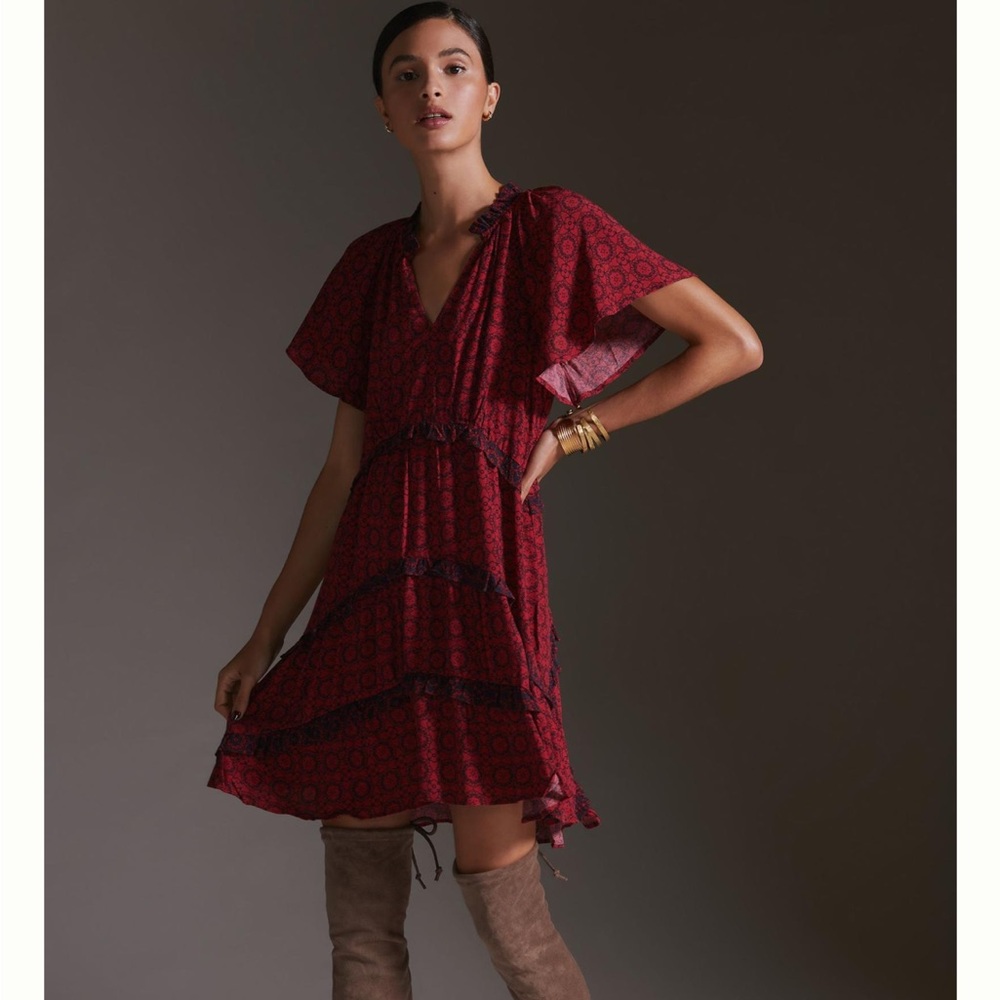 By Anthropologie Robin Tiered Red Floral Ruffle Short Sleeve Mini Dress, Size XS
